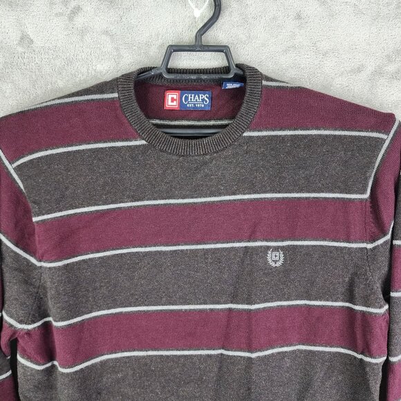 Mens Chaps Burgundy & Gray Striped Sweater 100% Cotton Crewneck Long Sleeve L - Picture 4 of 12